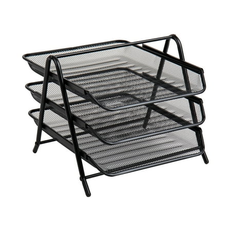 Mind Reader - 3-Tier Paper Tray, Desktop Organizer, File Storage, Workspace, Office, Metal Mesh, 11.5"L x 13.75"W x 10"H - Black