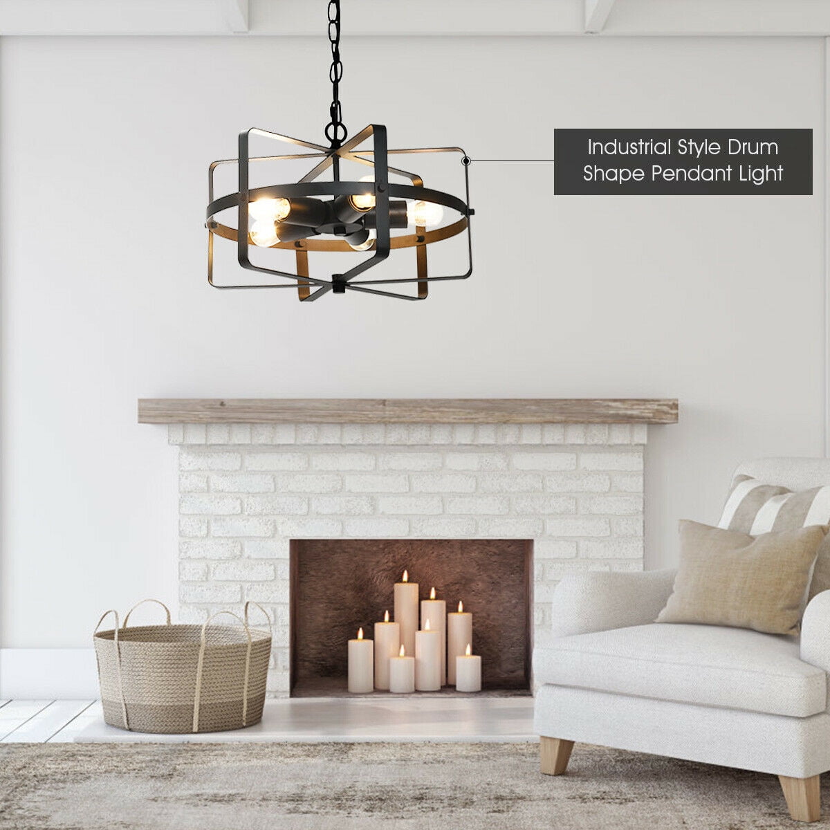 Gymax 5-Light Industrial Pendant Light Metal Drum Shape Round Chandelier Ceiling Lamp