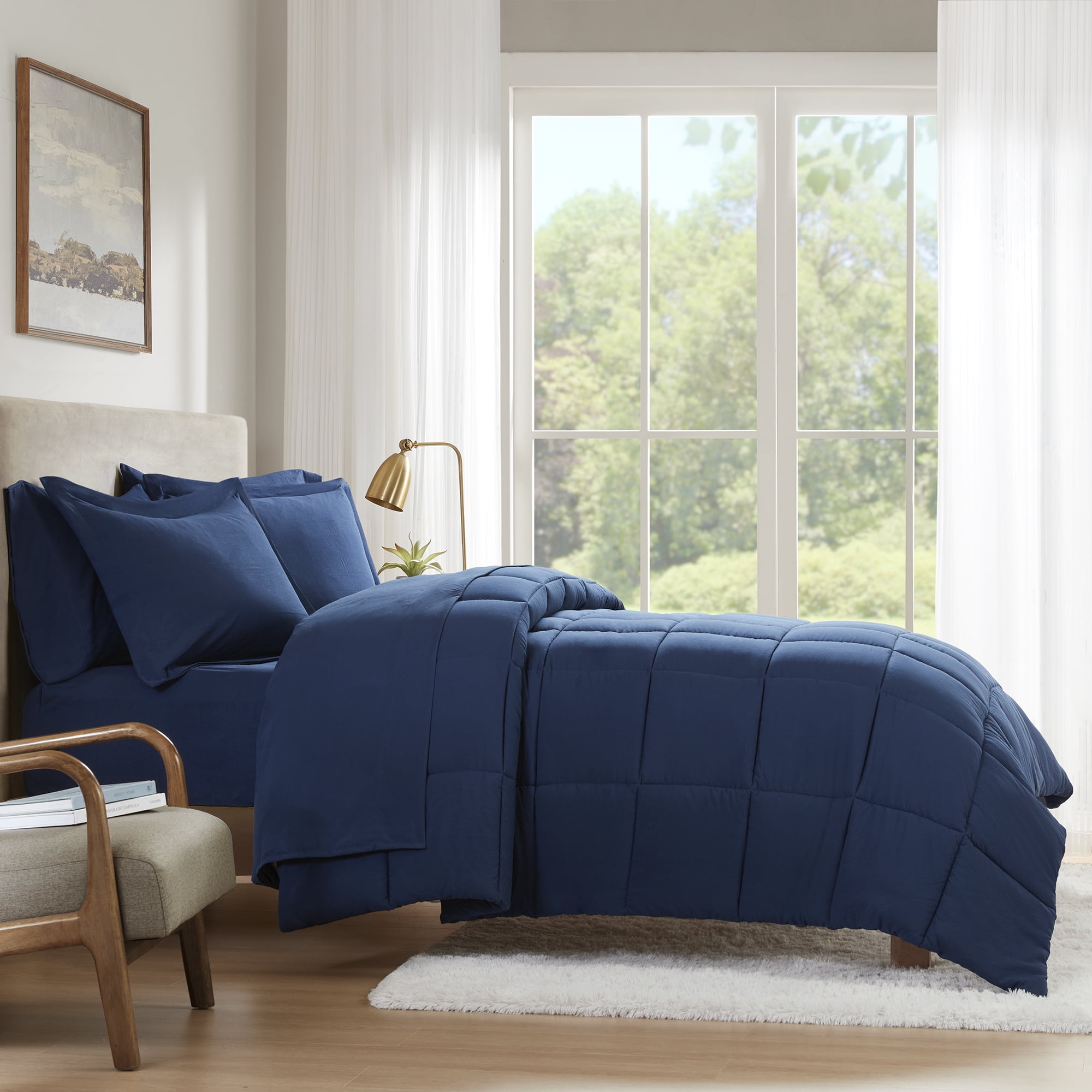 Mainstays All in One Down Alt Reversible Comforter and Sheet set- 7 Piece, Full, Navy