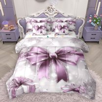 Homewish Purple Bow 7 Pieces Bedding Comforter Set for Teens Boys Girls,Merry Christmas Full Bedding Set Lightweight,Bling Glitter Fitted Sheet Flat Sheet,Microfiber Bedroom Decor,Reversible