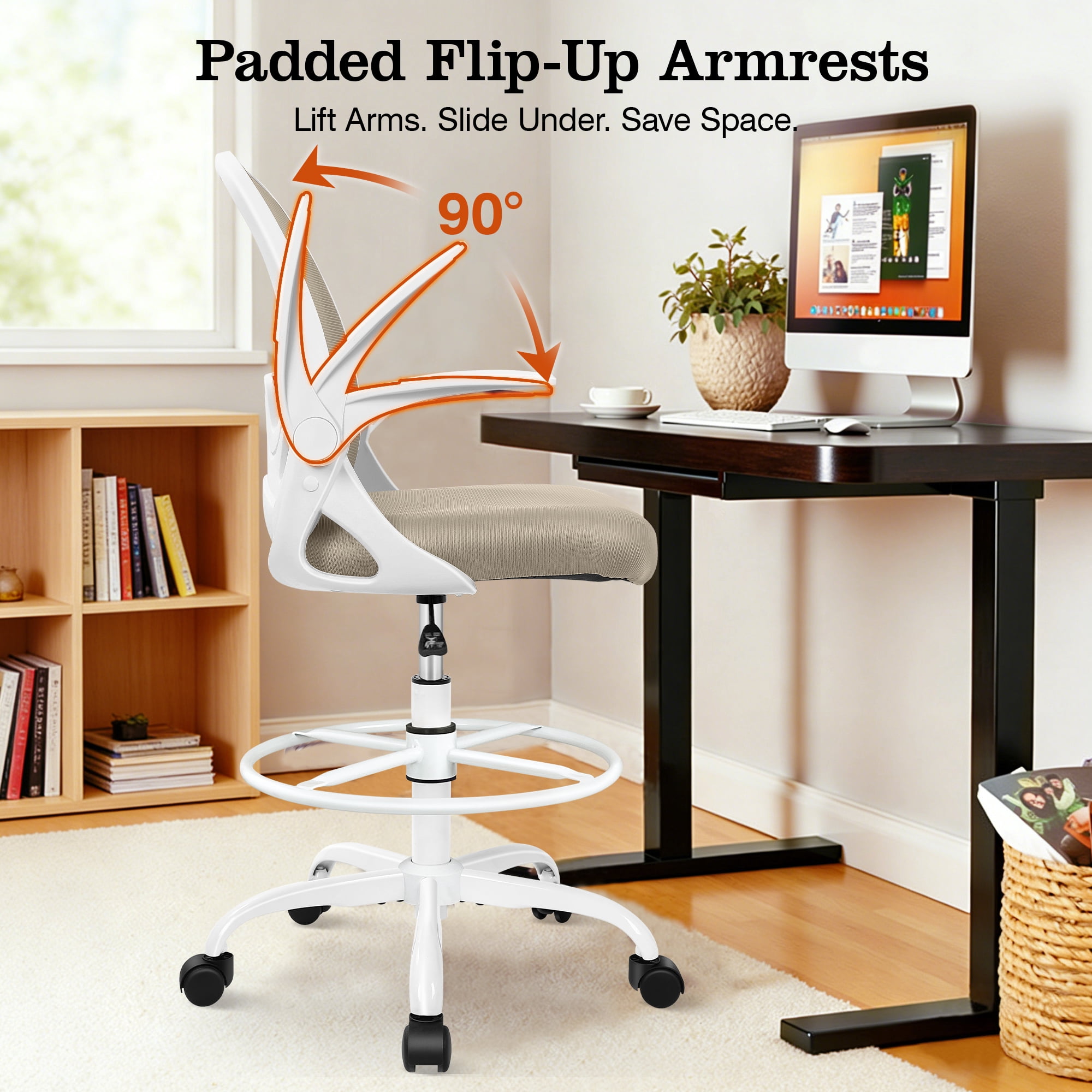 COOLHUT Tall Office Chair 400lbs with Footrest Ring, Standing Desk Chair with Flip-up Armrests, Adjustable Swivel Rolling Mesh Standing Desk Stool with Lumbar Support for Adults, Khaki