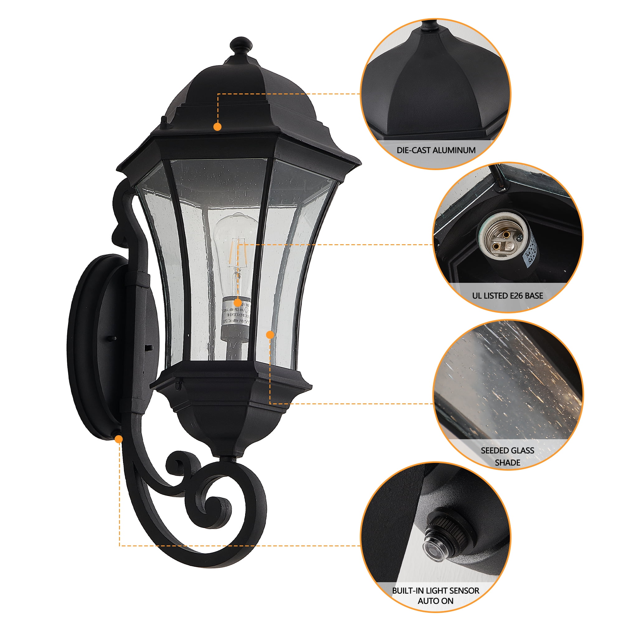 Outdoor Wall Lantern 27 Inch H with Dusk to Dawn Sensor Weatherproof Light with Clear Bubble Glass, Black