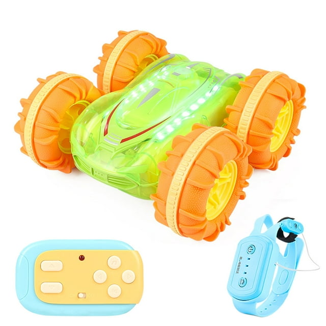 Graflsoa 2.4G Gesture-Controlled Amphibious RC Stunt Car with Dual Remote, LED Lights, and All-Terrain Tires for Kids - Transparent Green (Single Battery)