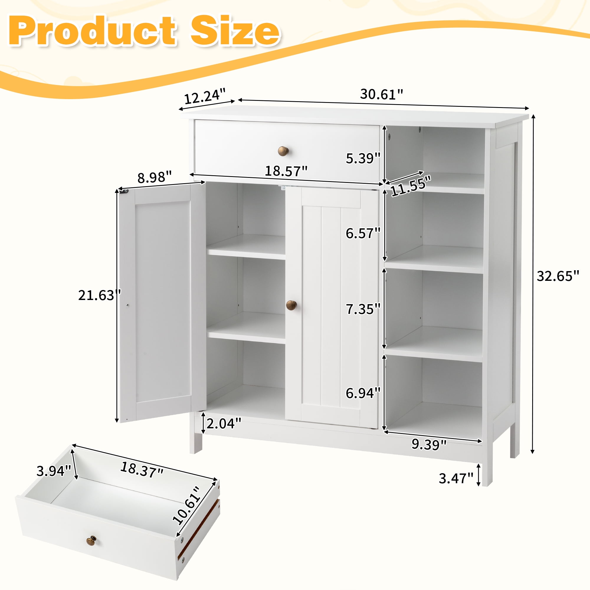Ktaxon Bathroom Floor Cabinet, Freestanding Storage Cupboard w/ 2 Shelves& 1 Drawer & Three-layer Side Rack, MDF White