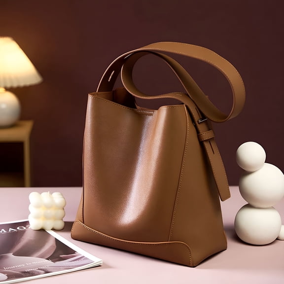 AOMRCOL 2026 New Genuine Leather Bucket Shoulder Bags for Women Trend Designer Crossbody Bags Large Capacity Ladies Handbags for Travel, Shopping, Work, Daily Use, Casual
