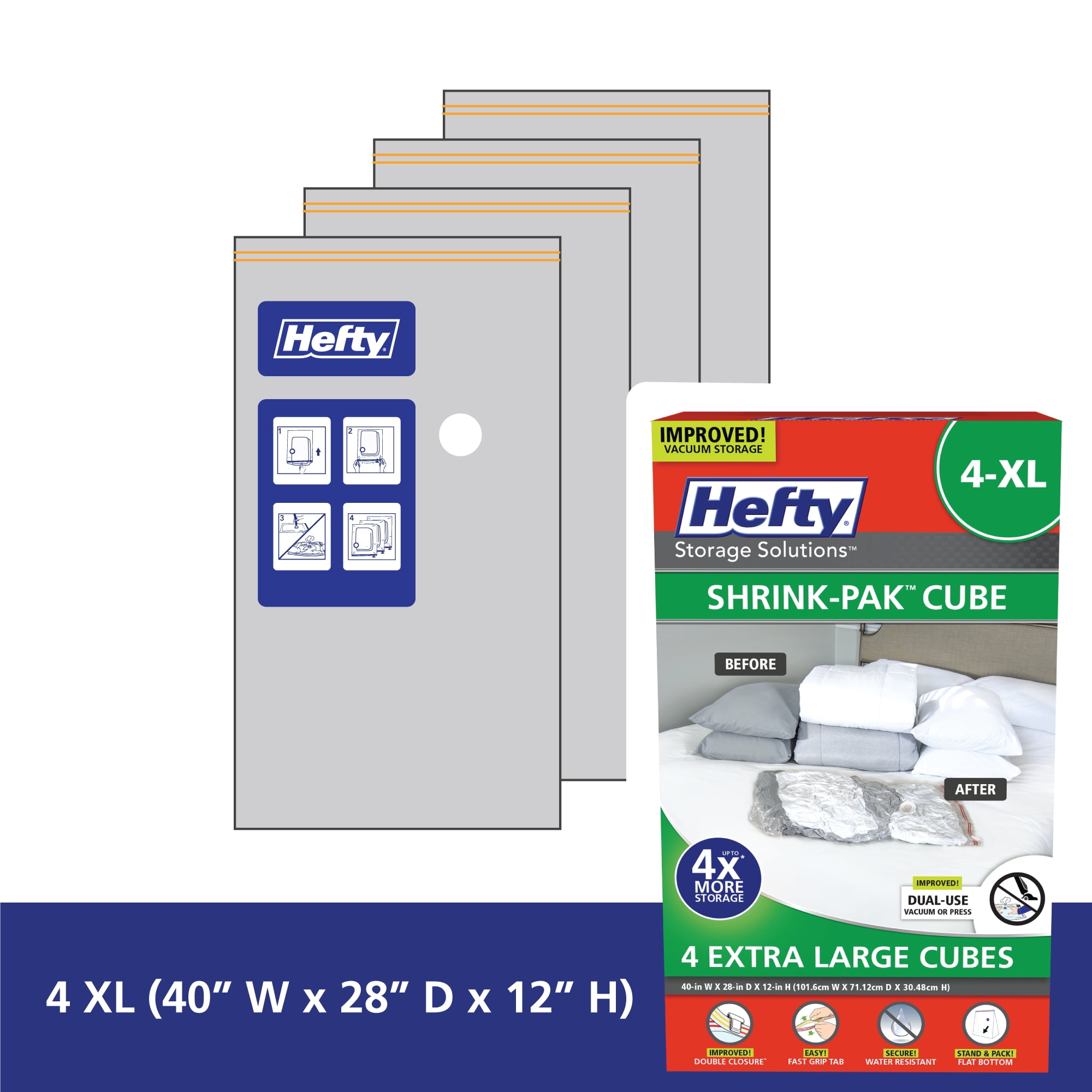 Hefty Shrink-Pak 4 Extra-Large Vacuum Compression Storage Cubes, Closet Organizer, Adults and Tweens