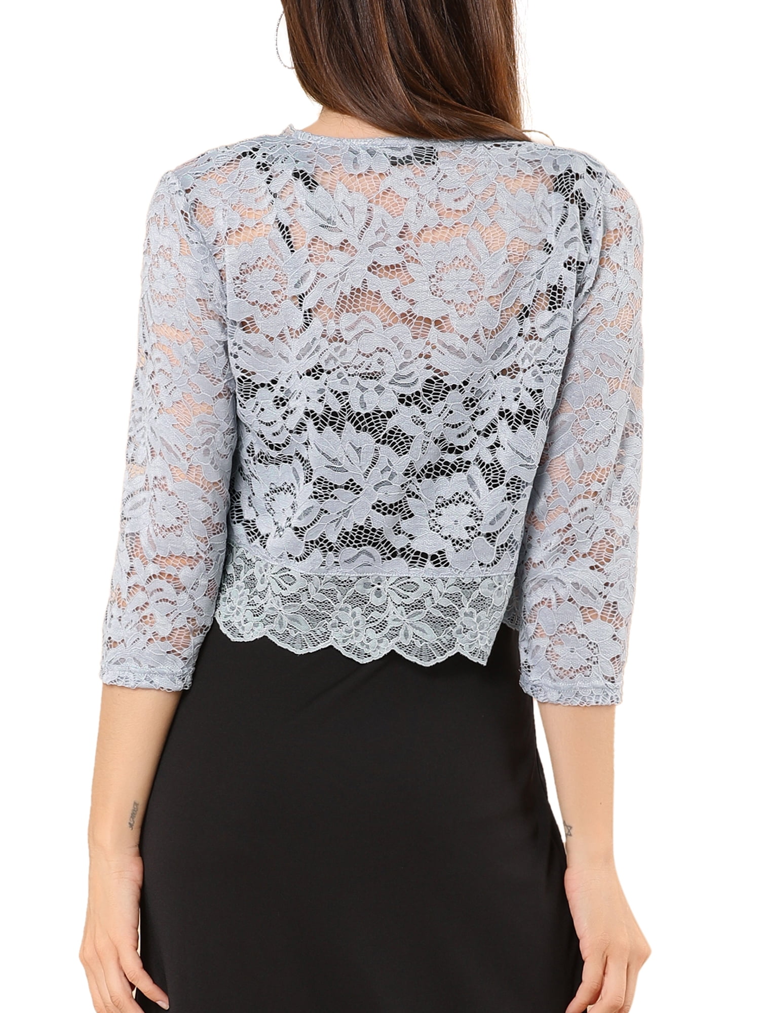 DARING DIVA 3/4 Sleeve Sheer Floral Lace Shrug Top XL Gray