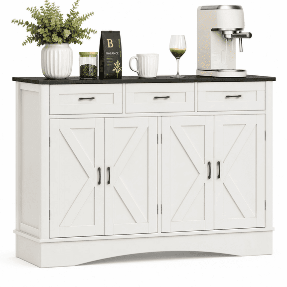 Naturoasis 55 Inch Farmhouse Sideboard Buffet Cabinet with 3 Drawers and Adjustable Shelves, White with Black Top