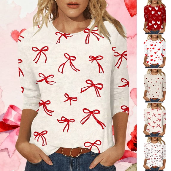 Vetsdori Womens 3/4 Sleeve T-Shirts Valentine Plus Size Blouses Holiday Summer,Gifts for Girlfriend Cute Graphic Tops for Junior Trendy