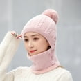 thumbnail image 2 of Xfvqtps Womens 3 in 1 Beanie Face Neck Warmer Set Knit Fleece Lining Solid Color Fuzzy Pompom Stretch Windproof Coldproof Warm Thickened Winter One Piece Skull Cap Neck Circle Scarf Set Pink, 2 of 7