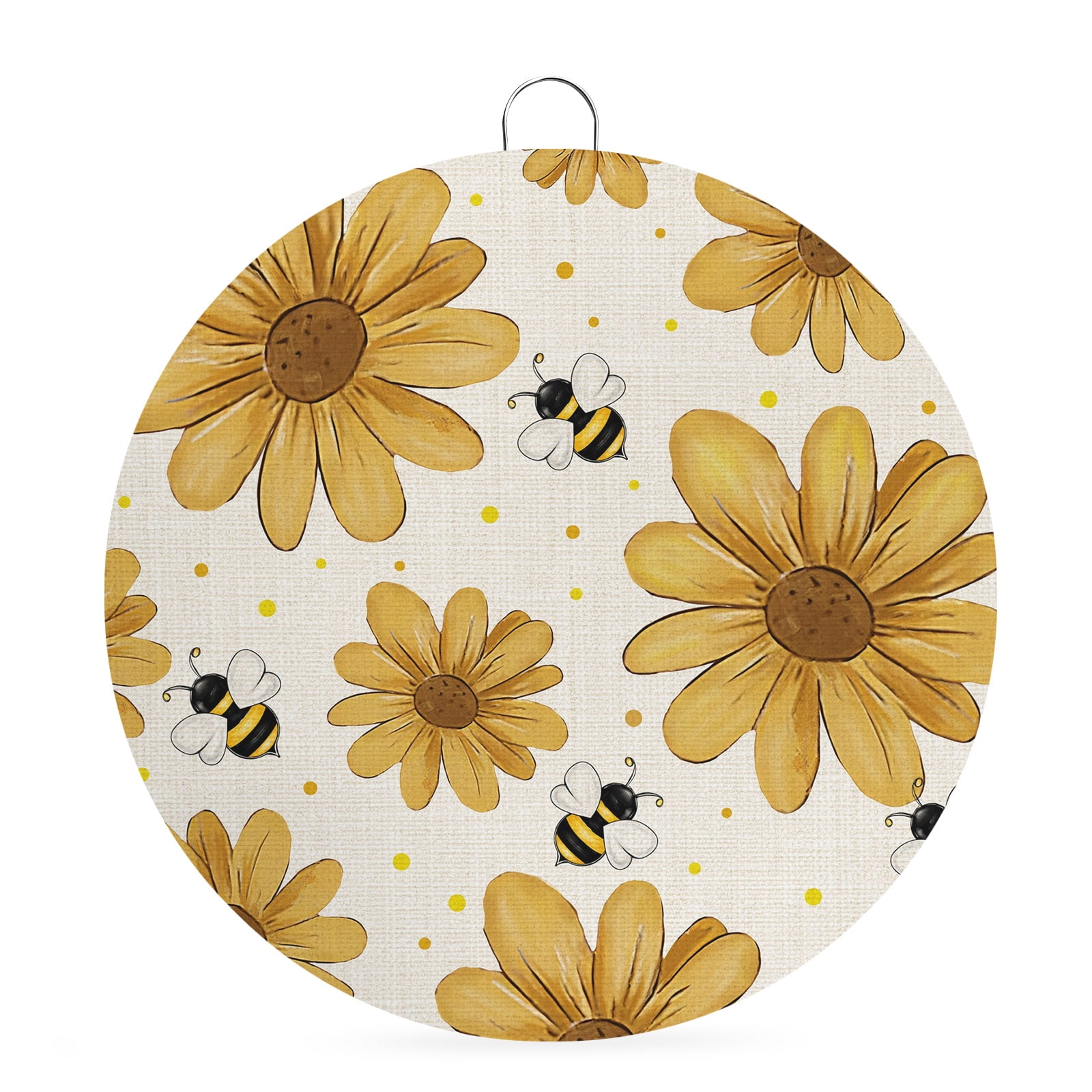 Welcome Sign Front Door Decorations Yellow Daisy Farmhouse Round Wall Art Outdoor Metal Wreaths Garden Floral Honeybees Burlap Seasonal Hanging Sign for Home Porch Decor Warming Gift 6 In