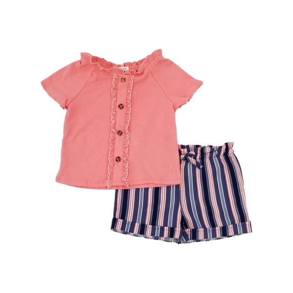 Toddler Girls Coral Pink Navy Blue Buttons Shirt Top Striped Shorts Outfit 2T