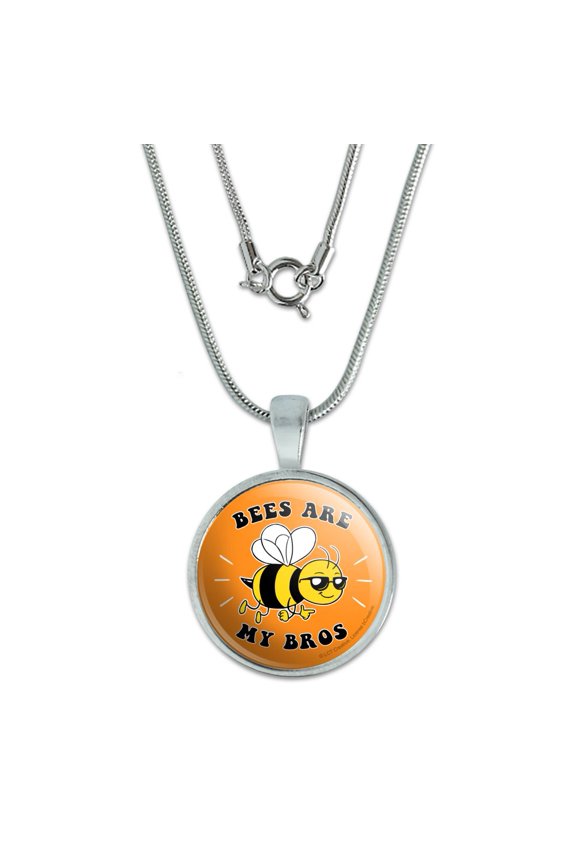 Bees Are My Bros Funny Humor 0.75" Pendant with Sterling Silver Plated Chain