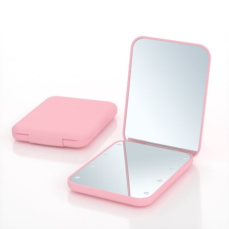 Compact Travel Makeup Mirror with Light- 1X2X Pink Pocket Small Hand Mini Mirror, Handheld LED Mirror for Purse - Perfect for Gift