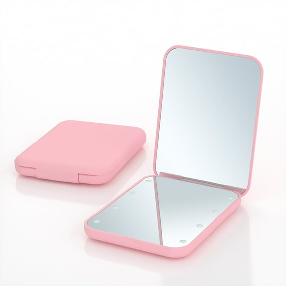 Compact Travel Makeup Mirror with Light- 1X2X Pink Pocket Small Hand Mini Mirror, Handheld LED Mirror for Purse - Perfect for Gift