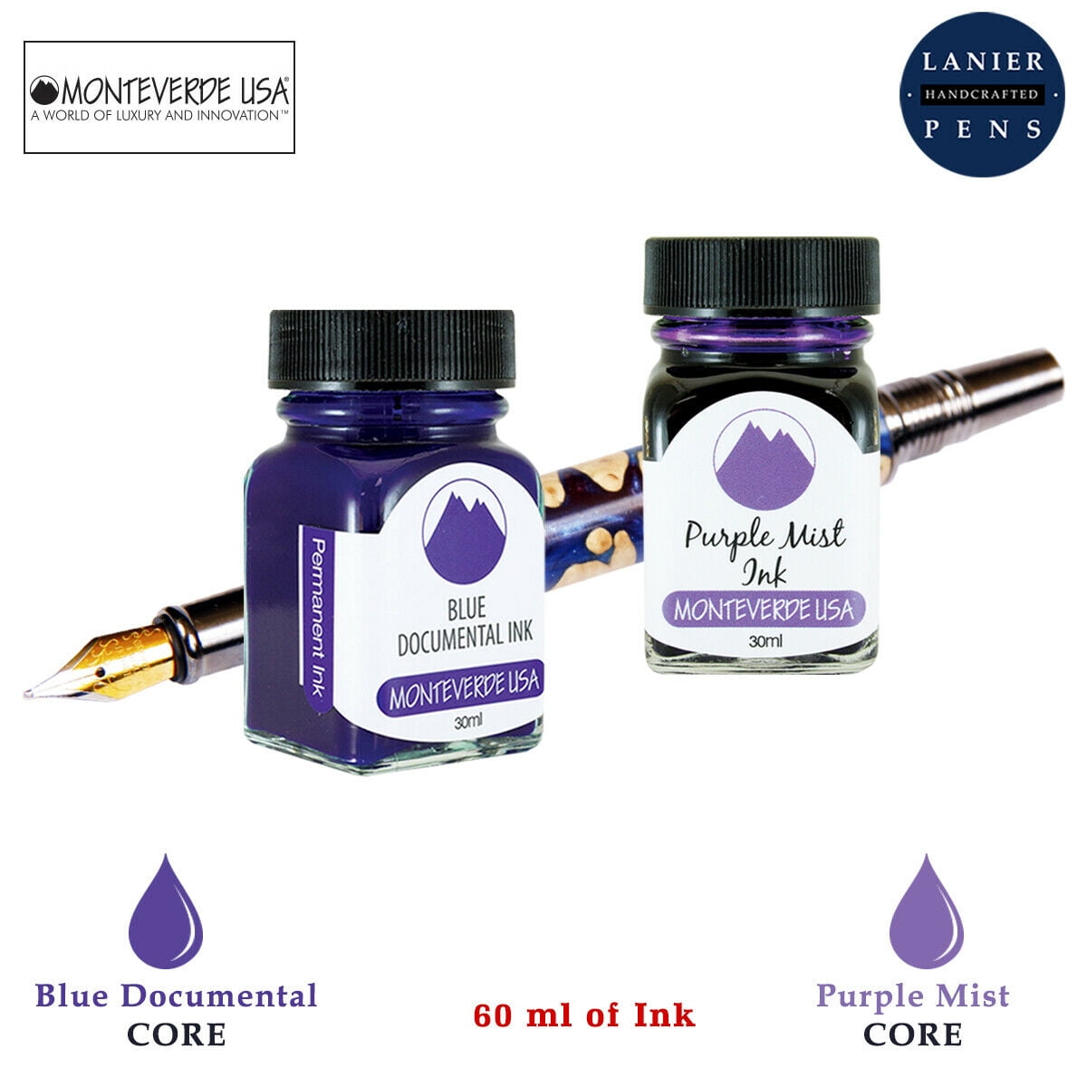 Monteverde 60ml Core Fountain Pen Ink Bottle (30ml Blue Documental Ink Bottle G309DU, 30ml Purple Mist Ink Bottle G309PM)