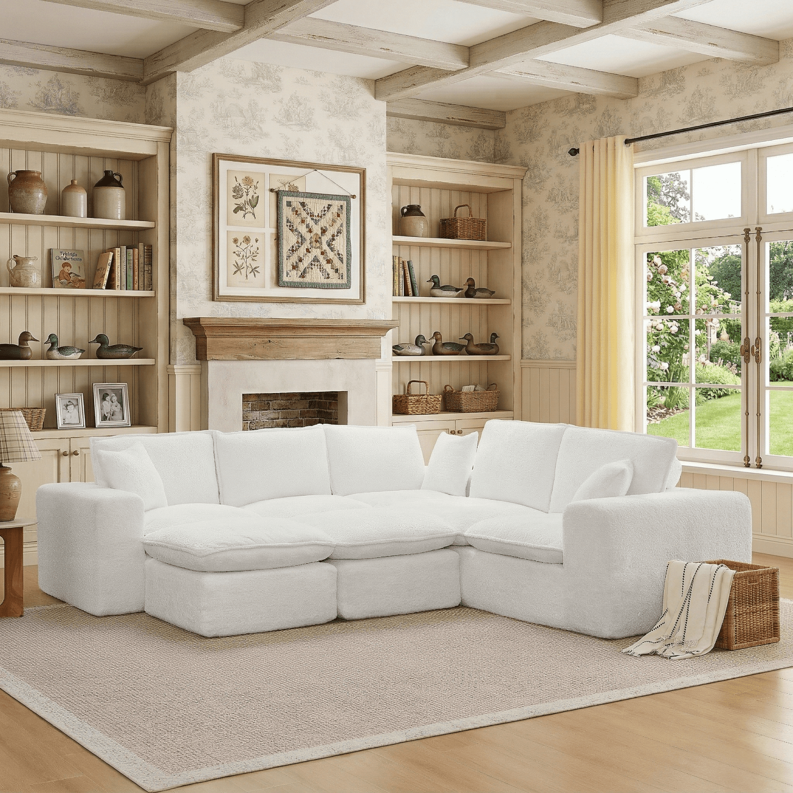 Dreamzie 107" Sectional Sofa,L-shaped Sectional Sofa Comfy Cloud Couch with Pillows, 7 Seater Modular Sectional Sofa, Warm White