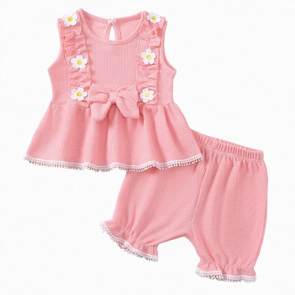 Xyant Toddler Baby Girl Summer Clothes Bow Flower Embroidery Sleeveless Tank Top Shorts Set Cute Infant Girls Spring Outfits (Red,18-24 Months)