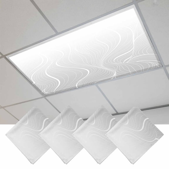 Grey Geometric Fluorescent Light Covers, Modern White Stripe Abstract Distortion Art Magnetic Light Covers for Ceiling Lights, Fluorescent Ceiling Shade for Classroom Bedroom Office 4x2Ft x 4PCS