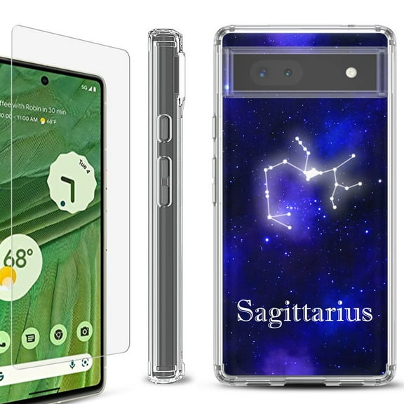 Shockproof Bumper Phone Case for Google Pixel 6a, with Tempered Glass Screen Protector, by OneToughShield ® - Sagittarius