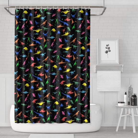 Flying Dinosaur Shower Curtain Colorful Dino Skeleton Print Waterproof Bathroom Curtain 72x72 Inches Machine Washable Quick Dry