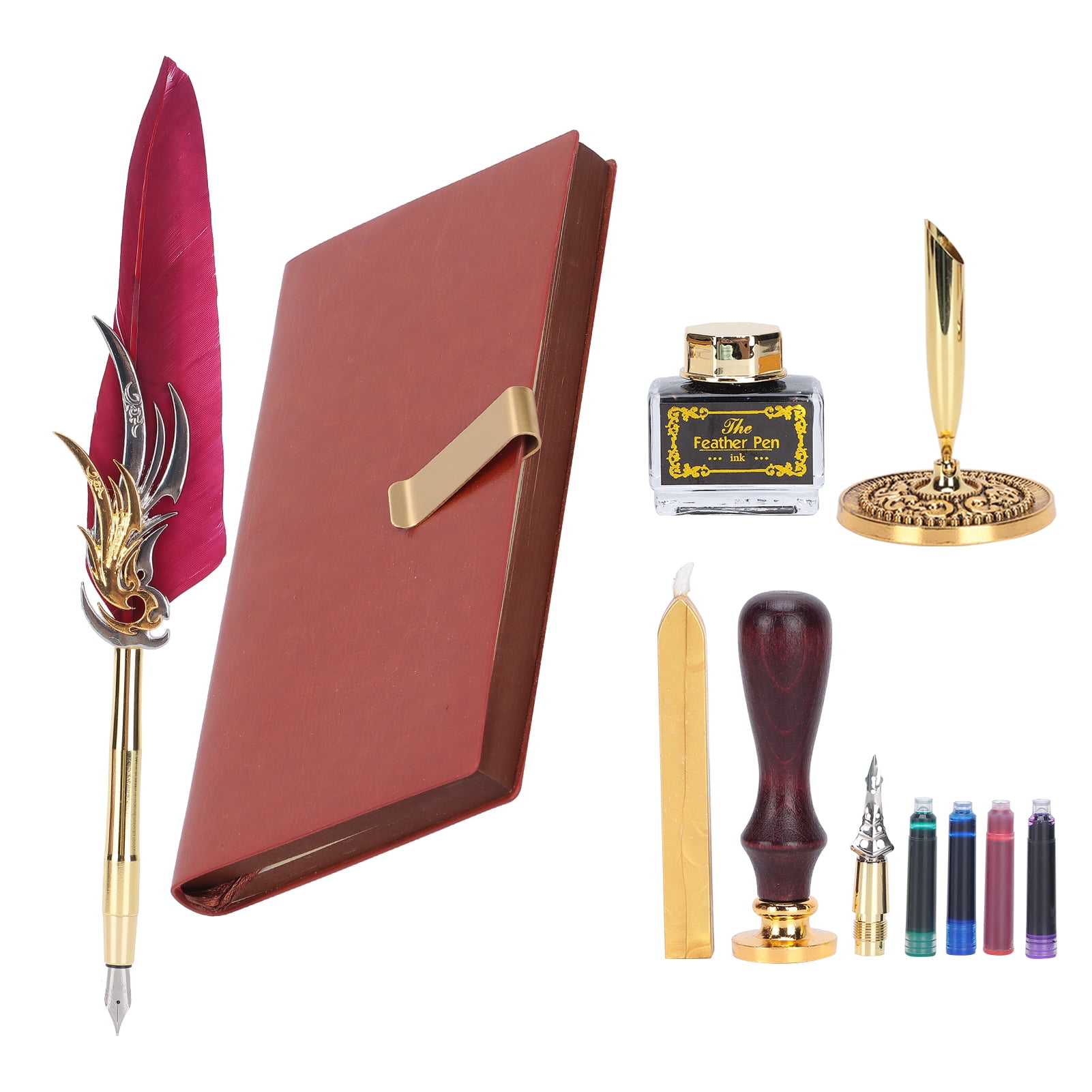 Riousery Dip Calligraphy Pen Set Feather Ink Sac Fountain Pen Gift Box Kit with Lacquer Stamp Tool Wine Red SP139006