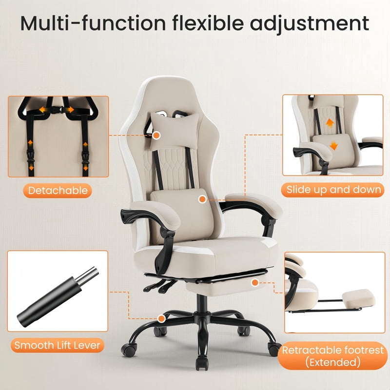 Kelno Ergonomic Gaming Chair with Footrest Lumbar Support Adjustable High Back Swivel Office Chair, Khaki