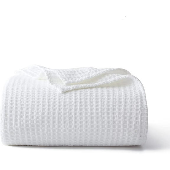 100% Cotton Waffle Blanket, Pre-Washed and Anti-Shrinkage Soft Lightweight Bed & Couch Blanket, 380 GSM Waffle Weave Throw Blanket for All Seasons, White, Twin Size, 66" x 90"