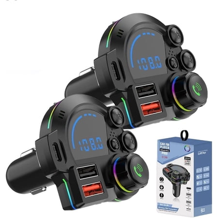 USB-C Bluetooth Car Adapter, Mp3 Player with Dual USB Ports with Fm Transmitter for Non-Bluetooth Vehicles, Wireless Music and Hands-Free Calling LED Display, RGB Ambient Light Plug and Play(2pcs)