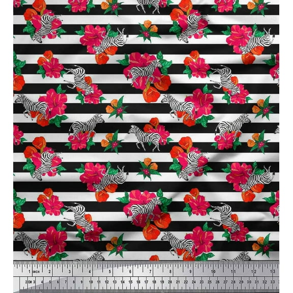 Soimoi Cotton Duck Fabric Stripe,Leaves & Wild Flower Floral Fabric Prints by Yard 42 Inch Wide
