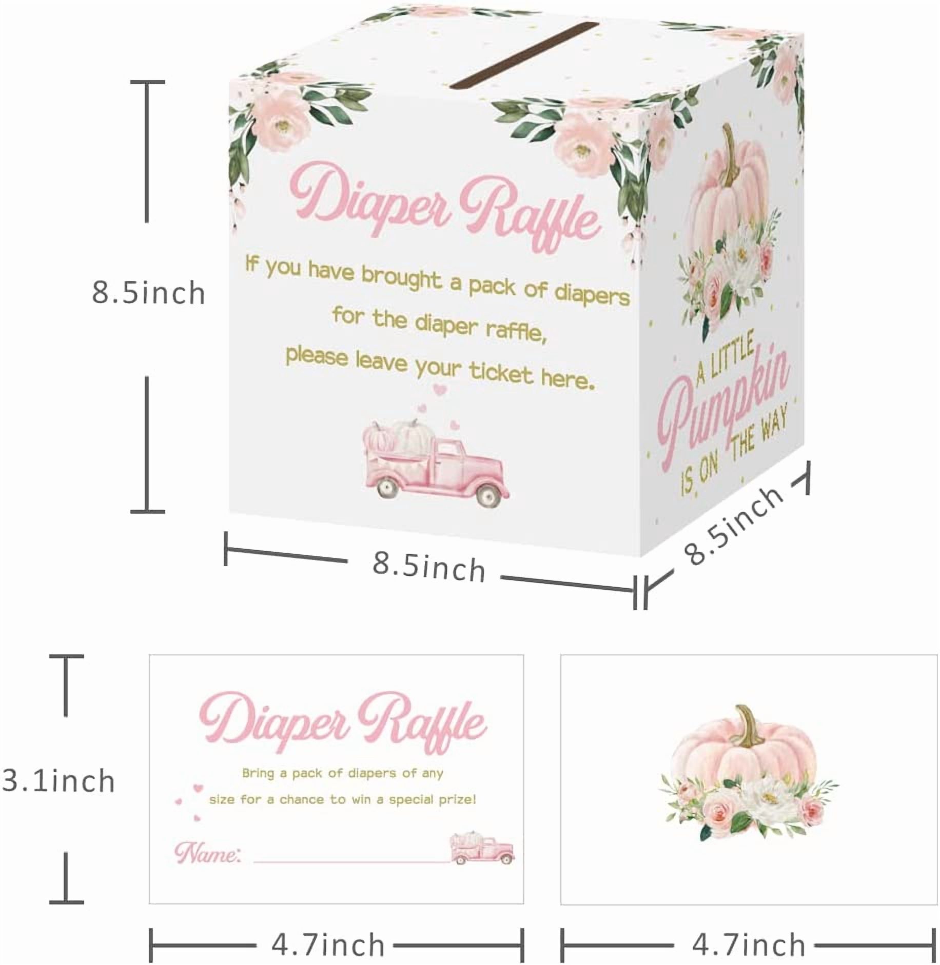 Diaper Raffle Card Box with 50 Pcs Pumpkin Diaper Raffle Tickets, Autumn Floral Pumpkin Diaper Raffle Card Box for Baby Shower Games Gender Reveal Party Invitation Insert Card Game (Pink)