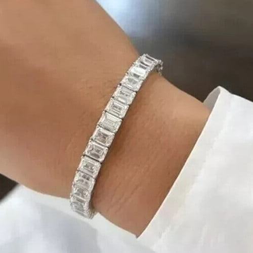 9Ct Emerald Cut Simulated Diamond Men's Tennis Bracelet 14k White Gold Plated 8Inch