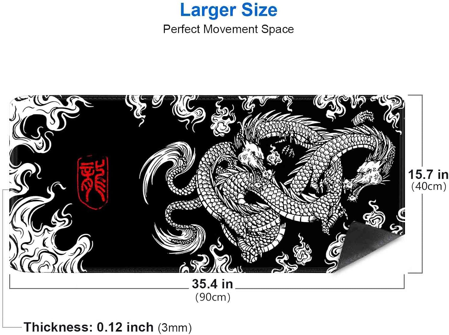 Large Gaming Mouse Pad (35.4x15.7 in), Big Extended Non-Slip Rubber Base Mousepad with Stitched Edges, Keyboard Mouse Mat Desk Pad for Work, Gamer, Office, Computer - Black and White Dragon