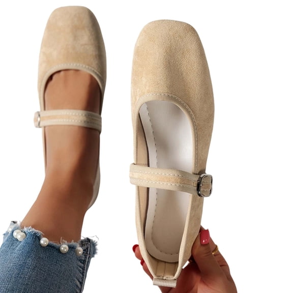 Women's Square Toe Mary Jane Flats Comfortable Faux Suede Ballet Shoes Vintage Stitched Dress Shoes Adjustable Buckle Strap Loafers