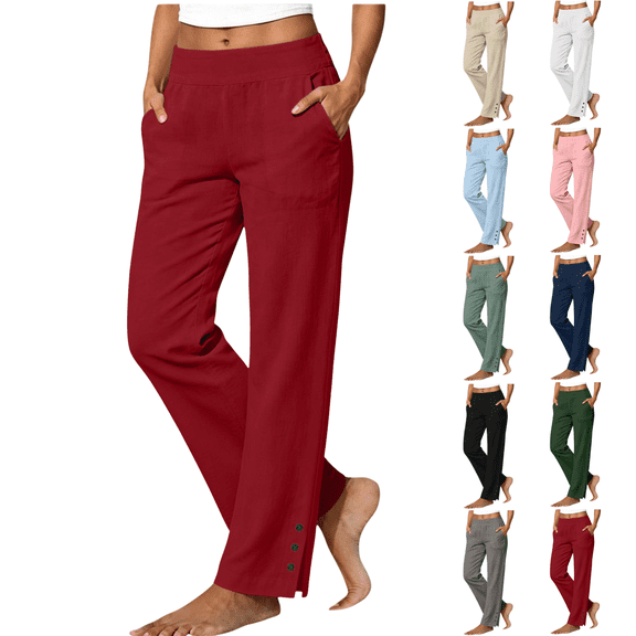 Sunnin Women's High Waist Straight Leg Pants Solid Color Elastic Waist Pull On Trousers with Pockets