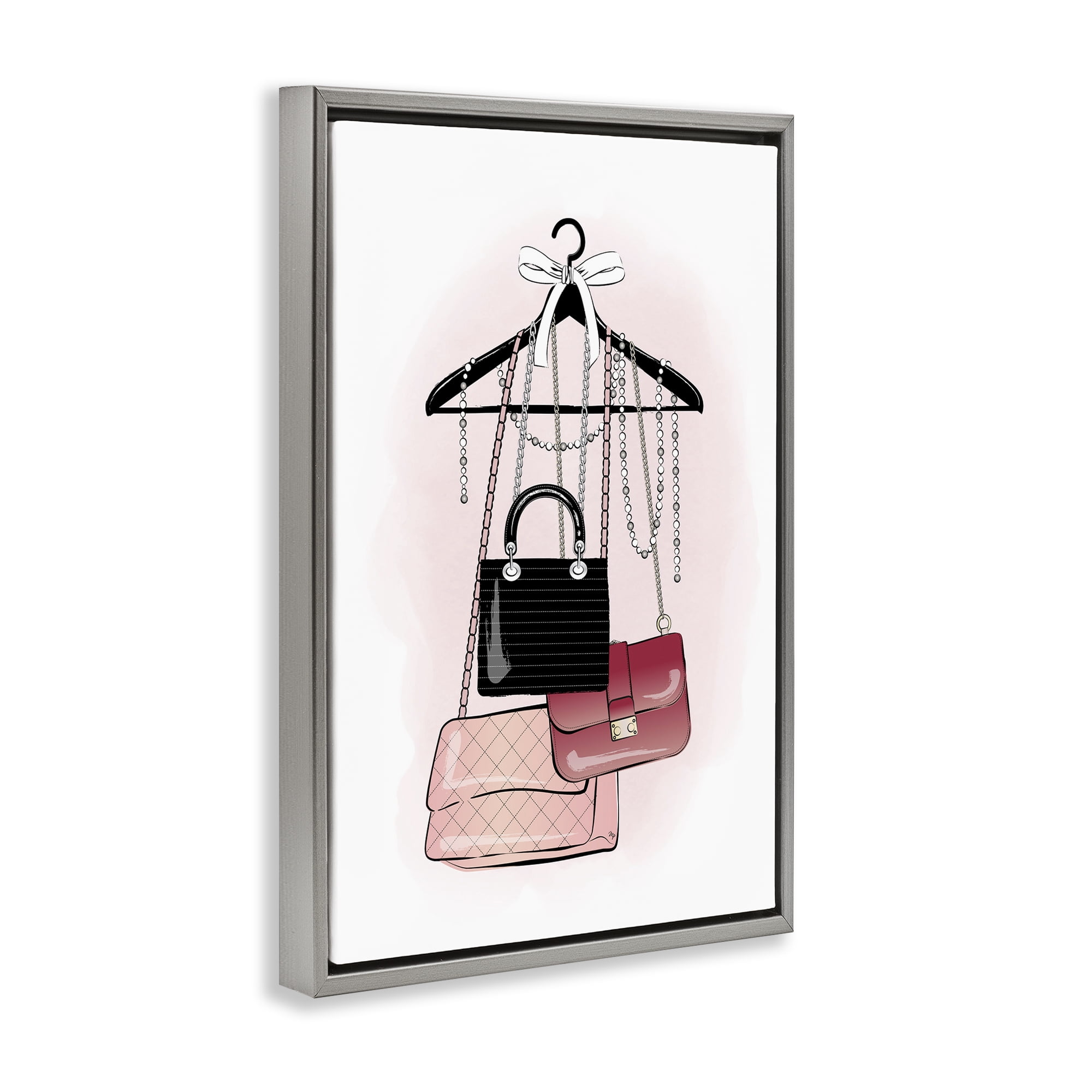 Stupell Industries Glam Handbags Hanging Beauty & Fashion Painting Gray Floater Framed Art Print Wall Art, 21 x 31