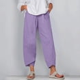 thumbnail image 3 of Pantalones Harem Vintage para mujer, pantalones casuales sueltos liso elástico con cintura de algodón, pantalones de pierna ancha, pantalones recortados de cintura alta de verano, 3 of 4