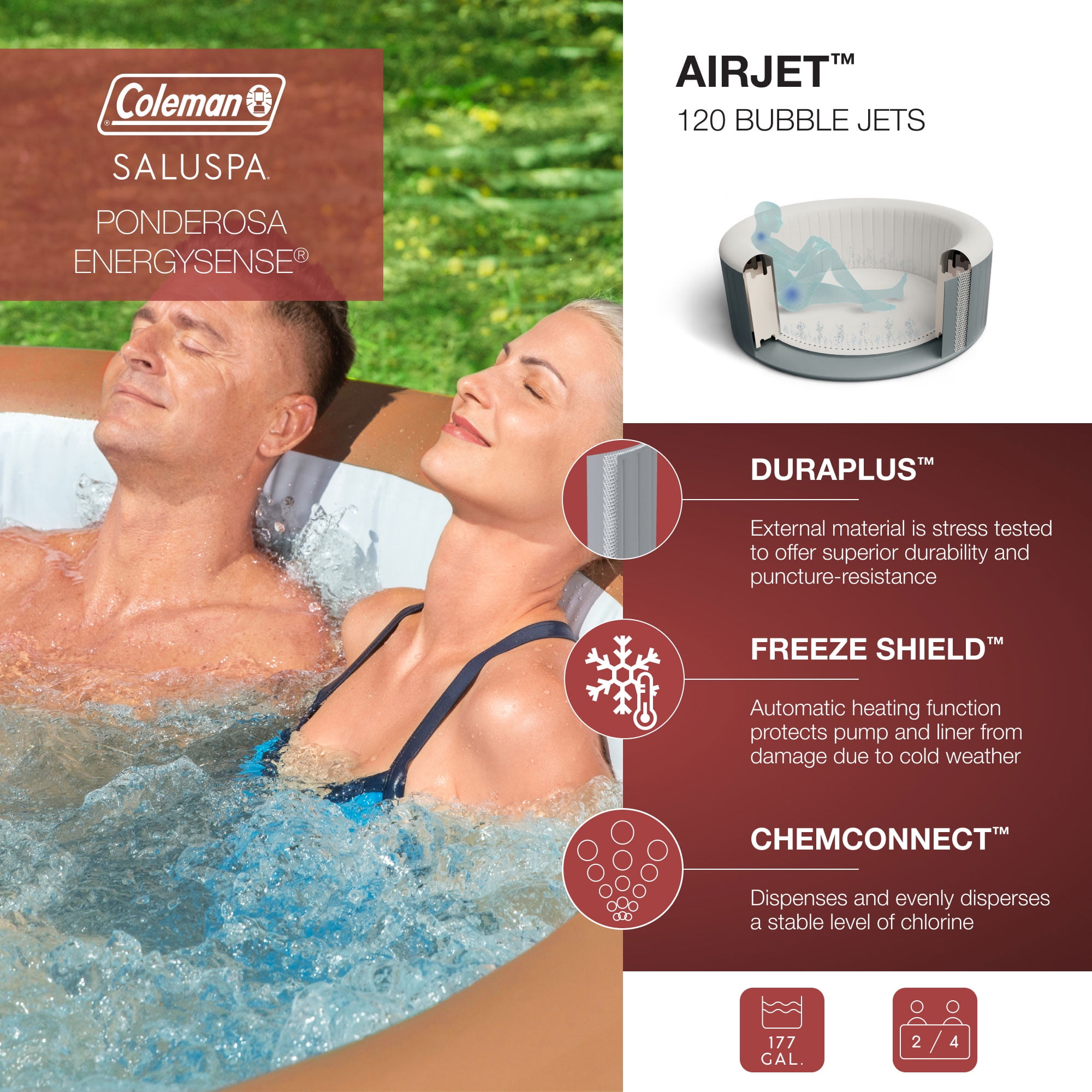 Coleman Ponderosa AirJet Inflatable Hot Tub with EnergySense Cover, 71"x26"