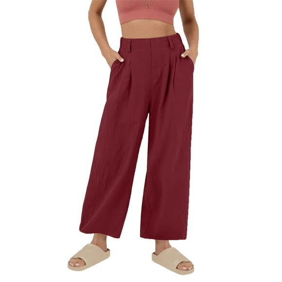 VEKDONE Womens Linen Long Pants Wine M