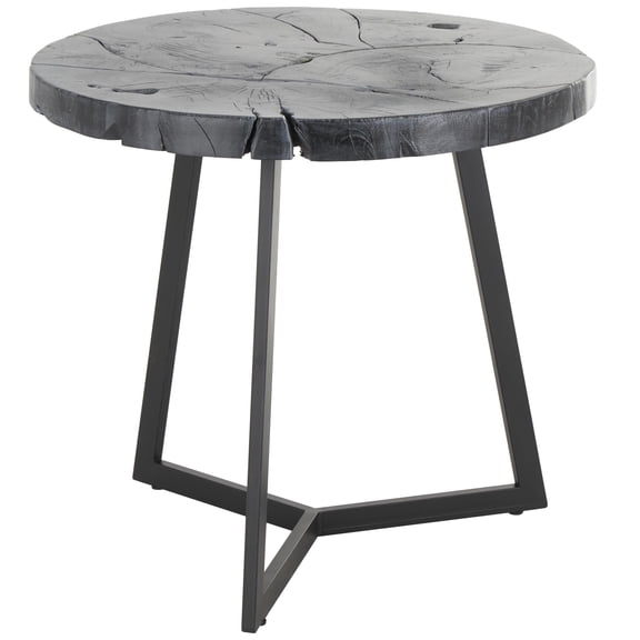 DecMode 24" x 22" Black Teak Wood Handmade Live Edge Geometric Accent Table with Black Metal Base, 1-Piece