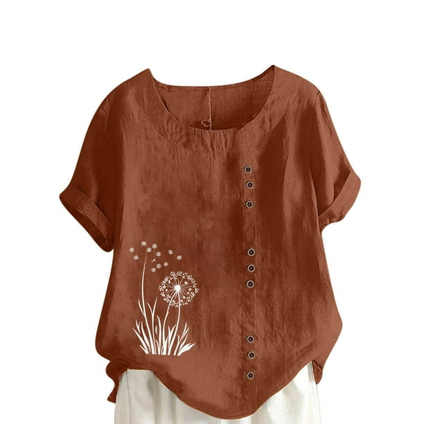 Vestidos Casuales Para Mujer, Blusas De Mujer De Moda Blusa informal de lino con botones y manga corta estampada para mujer