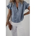 thumbnail image 6 of Women's Dusk Blue V Neck Ruffled Short Puff Sleeve Denim Top - Stylish Casual Wear - [ZhiHiMeRi] | (US 12-14)L, 6 of 12
