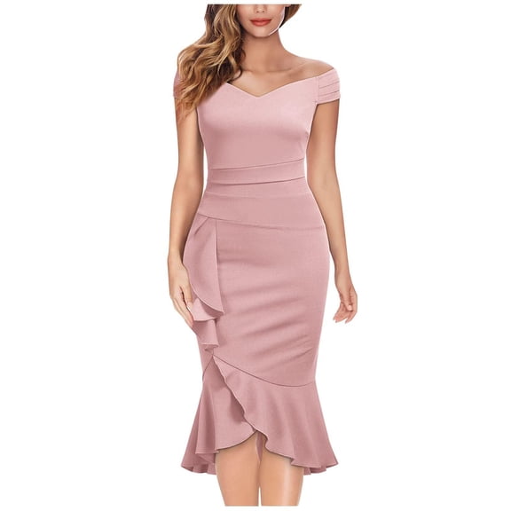 SMihono Women's Off Shoulder Ruffle Dress Vintage Bodycon Mermaid Party Elegant Dresses Evening Party Cocktail Dress Ball Gown Pink 8