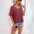 thumbnail image 4 of idosla Oversized Cropped Tshirts for Women Short Half Sleeve V Neck Tops Summer Flowy Split Hem Basic Tee Shirts (Wine, S), 4 of 6
