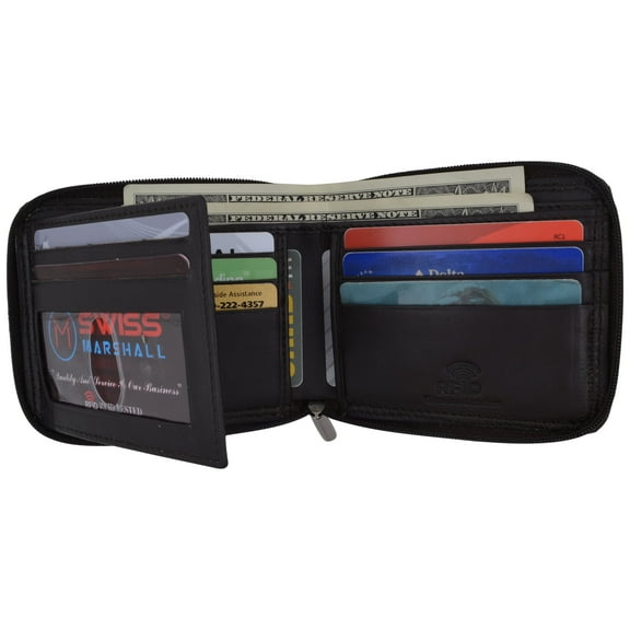 Genuine Cowhide Leather Mens Zipper Zip-Around Bifold Popular Card Holder Wallet !