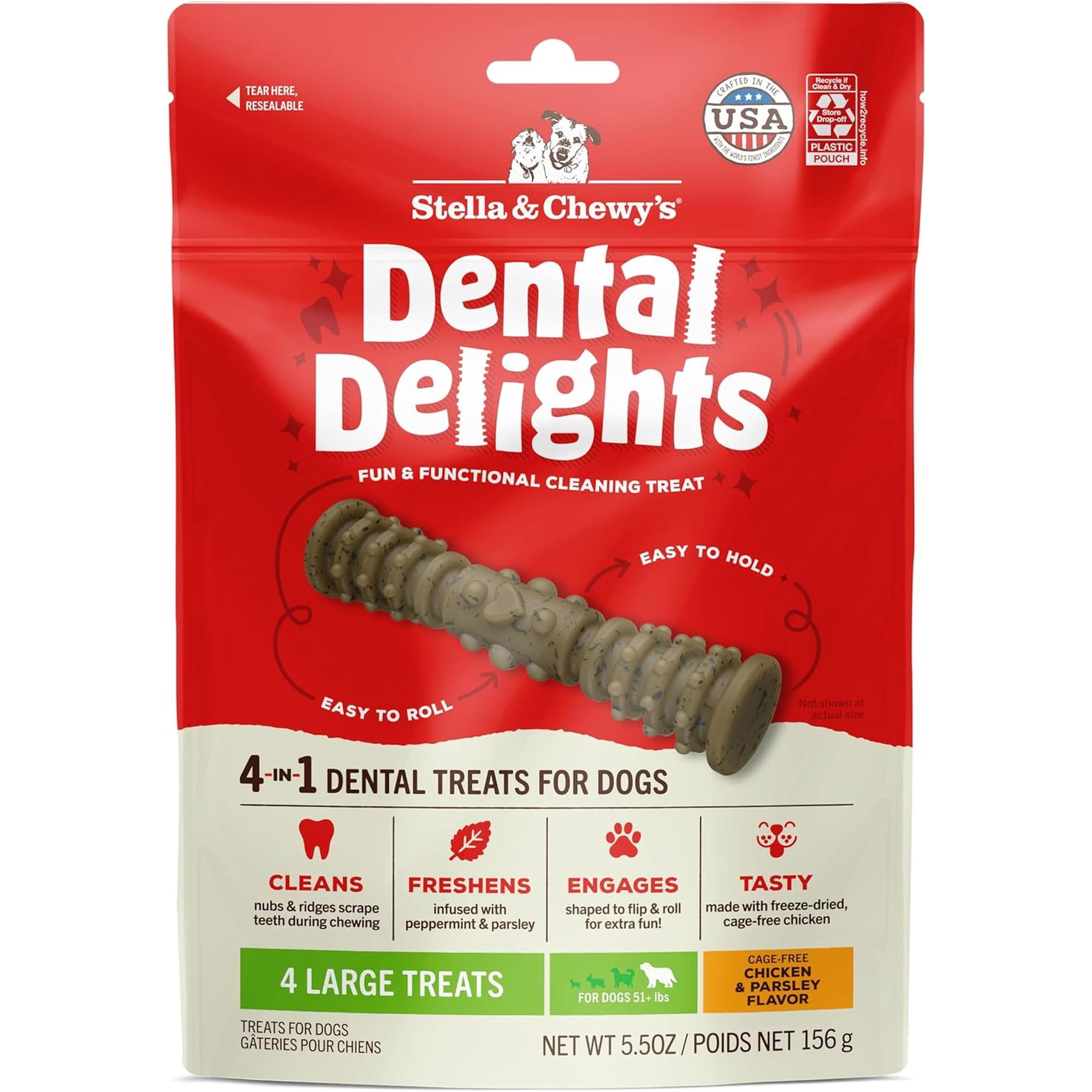 Stella & Chewy's Dental Delights with Freeze-Dried Chicken - Large Dental Treats for Dogs, 5.5 Ounce Bag