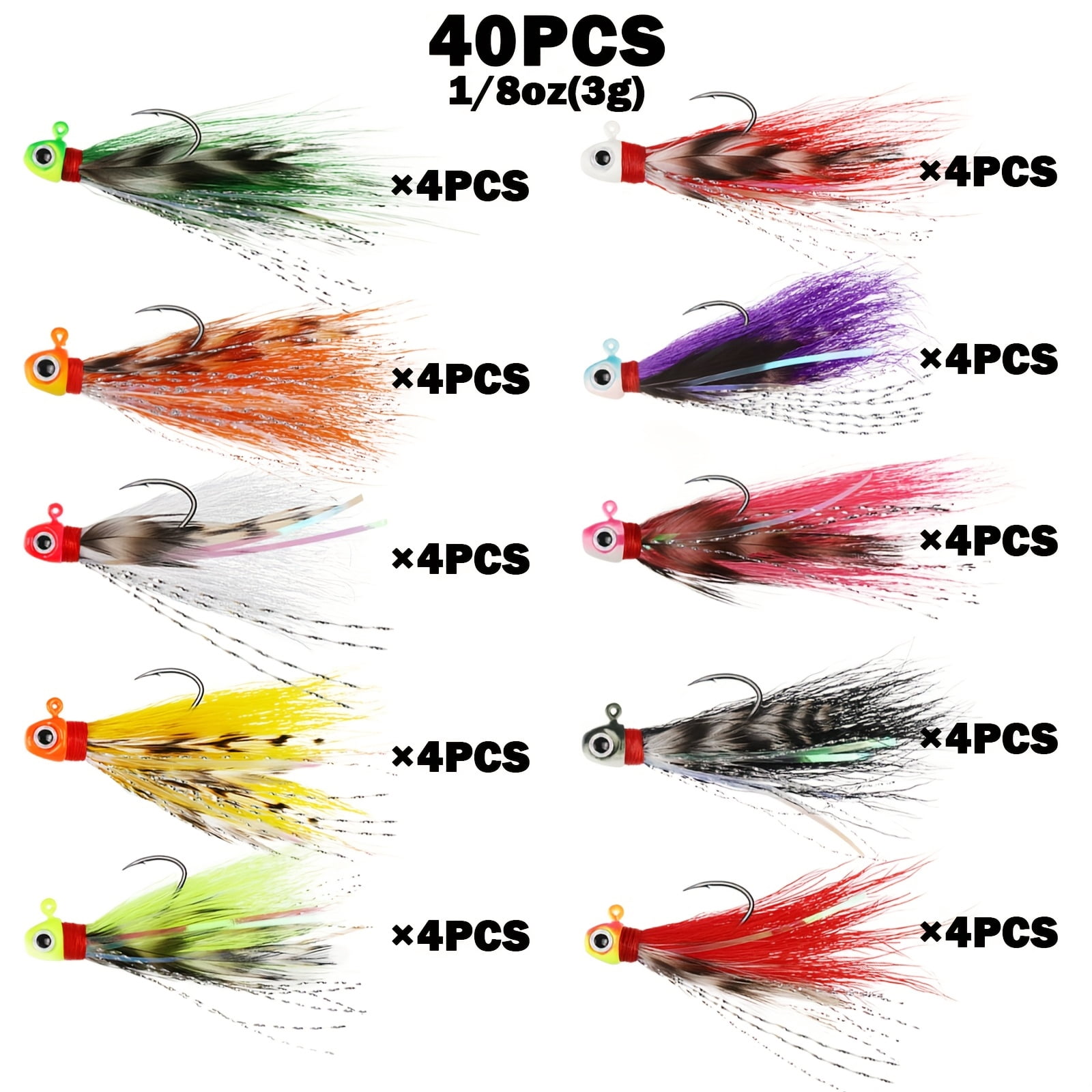 40Pcs 3D Eyes Crappie Jigs, Hand-Tied Hair Bucktail Jig Heads, 10 Mixed Colors 1/32oz 1/16oz 1/8oz Lures for Trout Walleye Panfish Freshwater Fishing