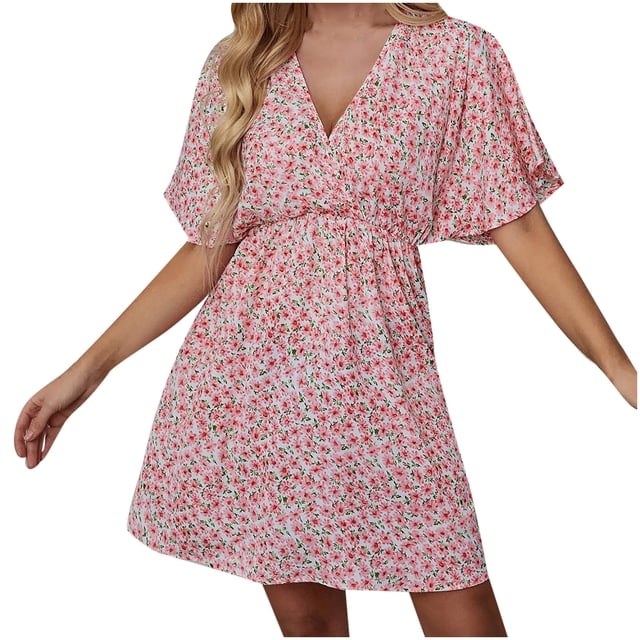 Robe Décontractée à Manches Courtes Col en V pour Femmes Robe Imprimée Ample Robe à Manches Courtes Col en V pour Enfants
