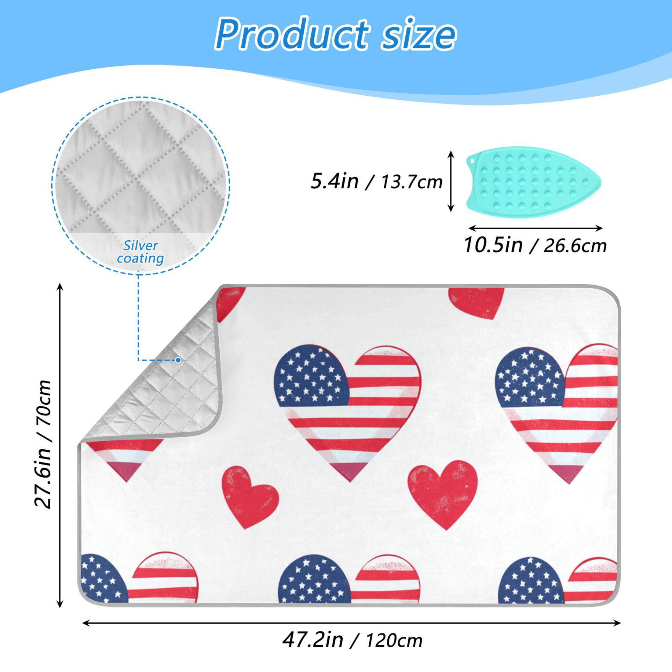 Hearts with Flag Pattern Design Independence Day Ironing Mat Blanket Portable Travel Ironing Pad Heat Resistant Pad 47.2" x 27.6”
