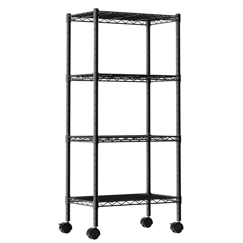 Kelno 4 Tier Wire Shelving with Lockable Wheels Adjustable Metal Storage Rack, Black